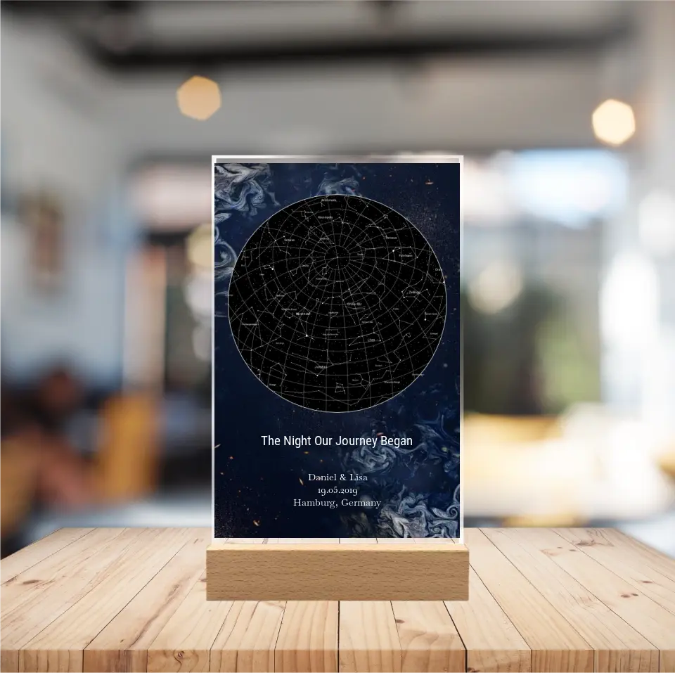 Sternenkarte Acrylschild mit Holzstandfuß - The Night Our Journey Began