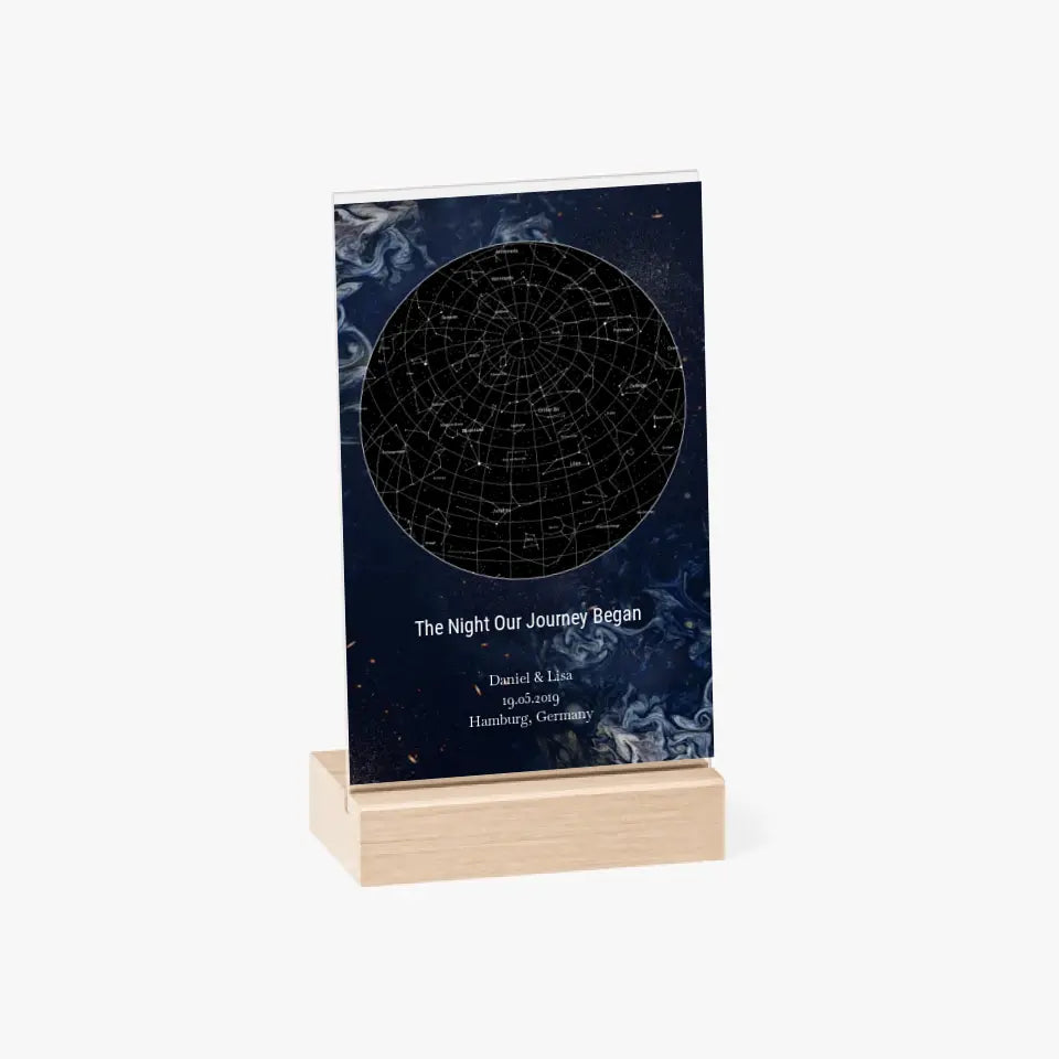 Sternenkarte Acrylschild mit Holzstandfuß - The Night Our Journey Began