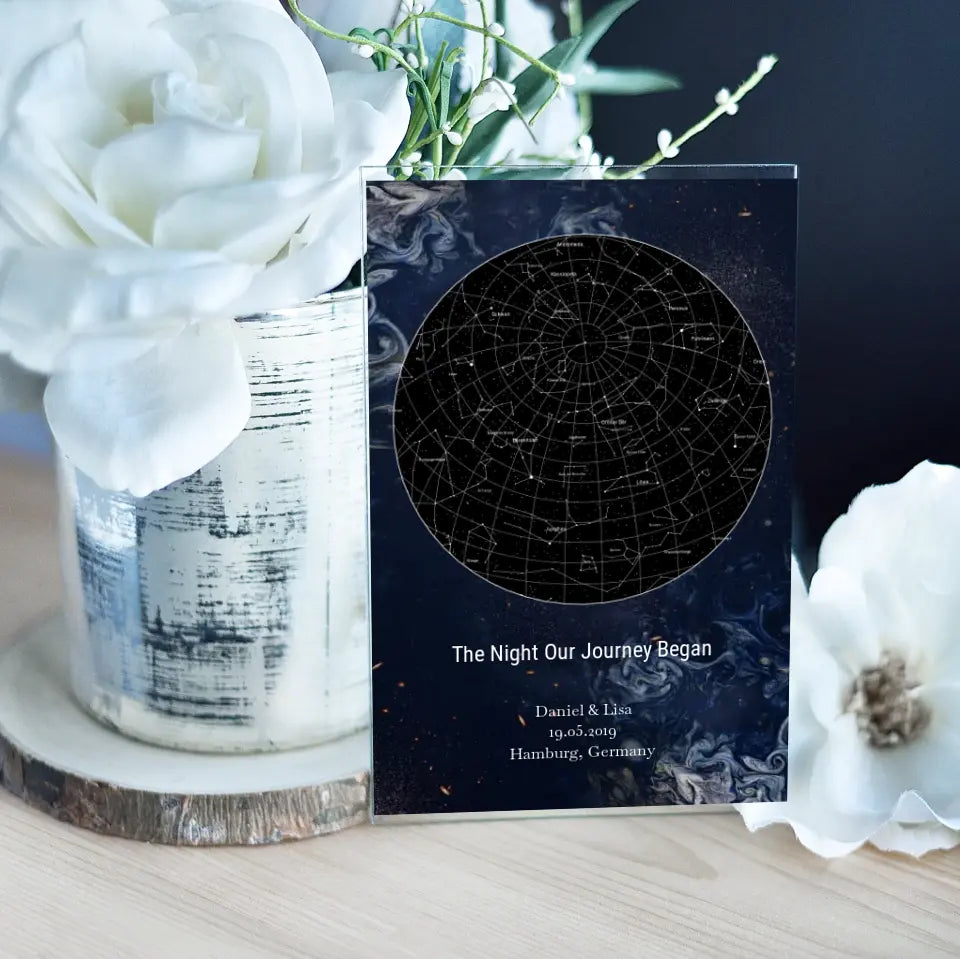Sternenkarte Acrylschild mit Holzstandfuß - The Night Our Journey Began