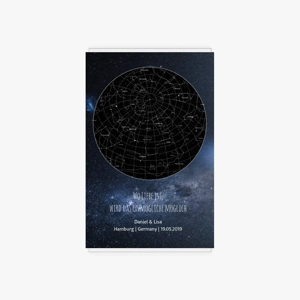 Sternenkarte Acrylschild mit Holzstandfuß - Wo Liebe ist, wird das unmögliche wie möglich