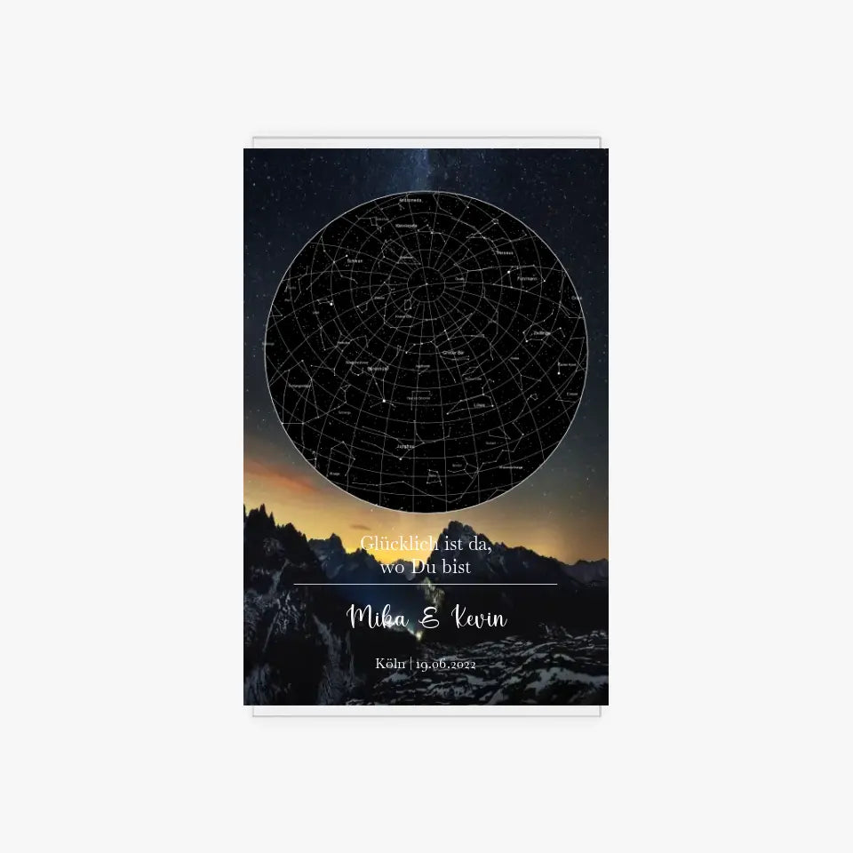 Sternenkarte Acrylschild mit Holzstandfuß - Glücklich ist da, wo du bist