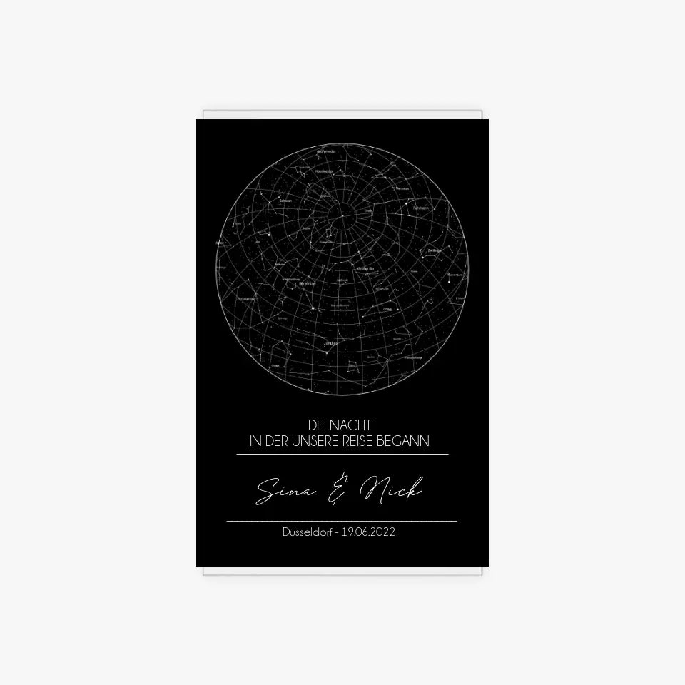 Sternenkarte Acrylschild mit Holzstandfuß - Die Nacht in der unsere Reise begann