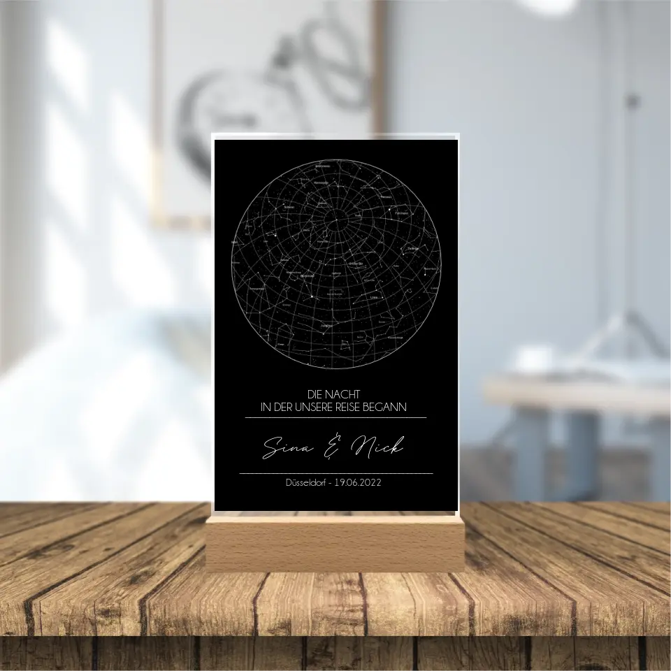 Sternenkarte Acrylschild mit Holzstandfuß - Die Nacht in der unsere Reise begann