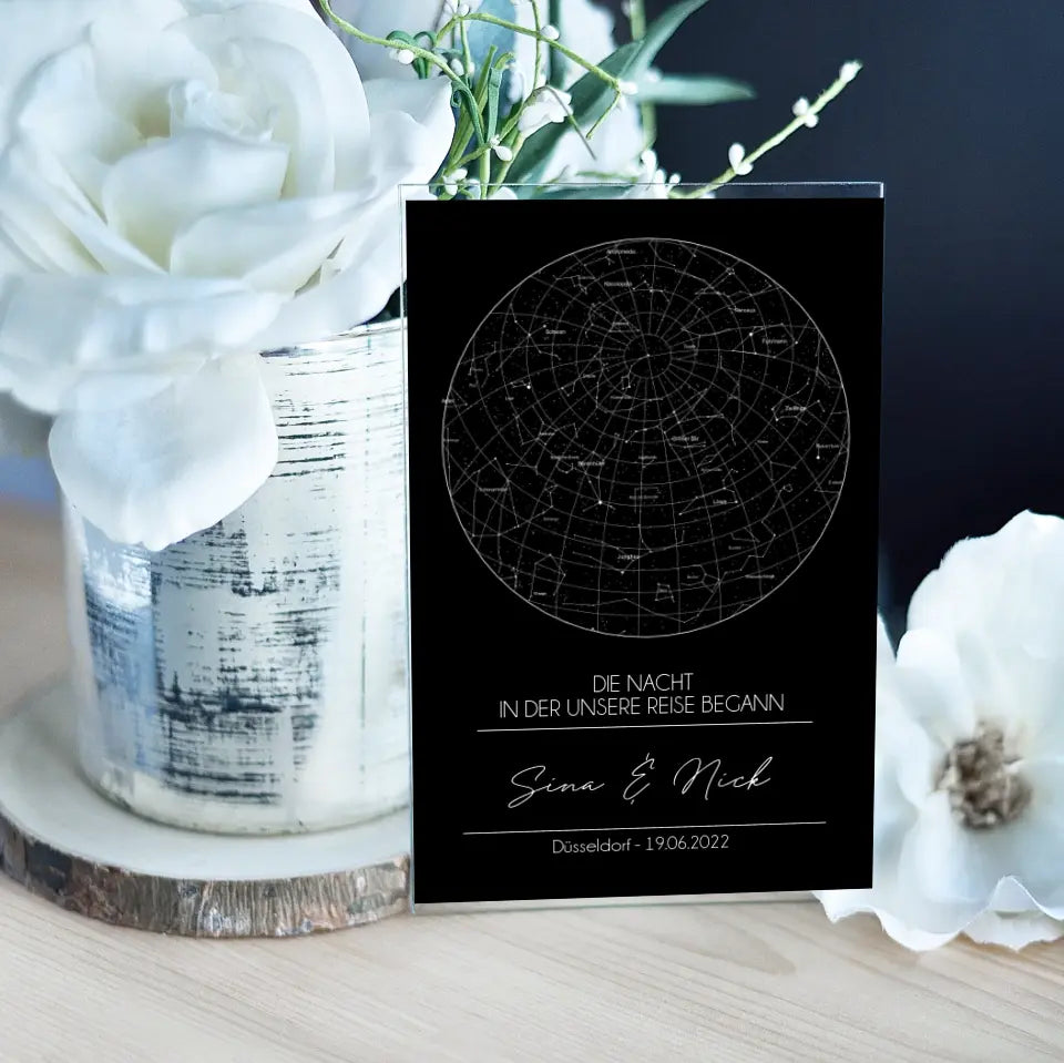 Sternenkarte Acrylschild mit Holzstandfuß - Die Nacht in der unsere Reise begann