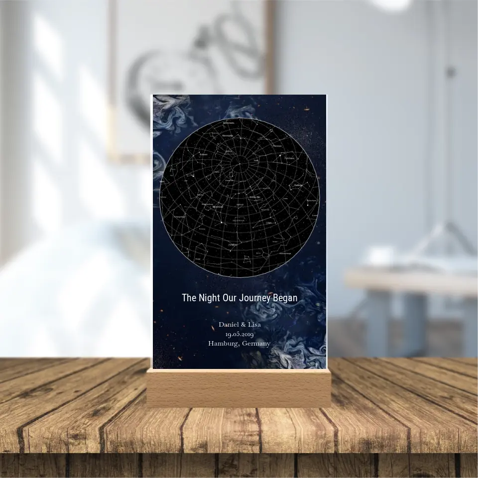 Sternenkarte Acrylschild mit Holzstandfuß - The Night Our Journey Began