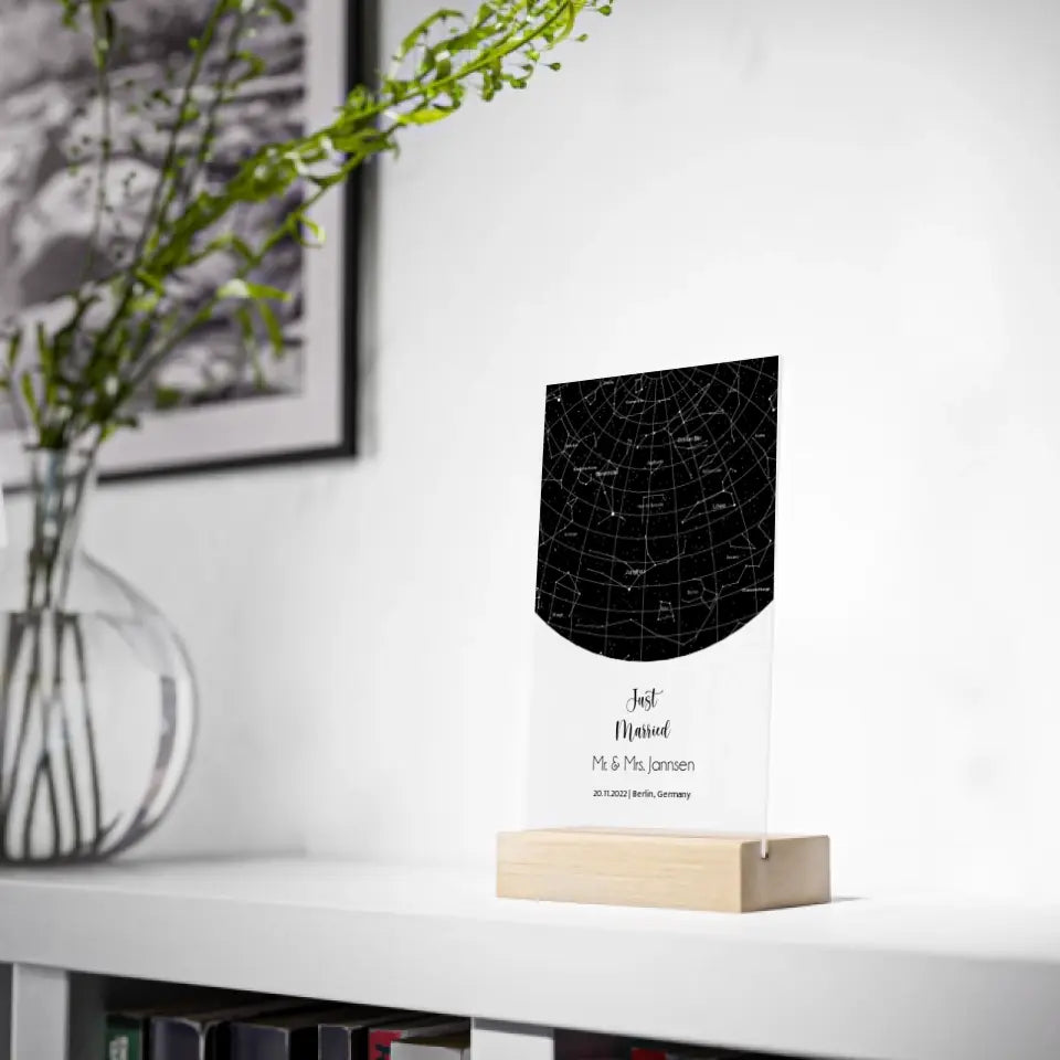 Sternenkarte Acrylschild mit Holzstandfuß - Just Married