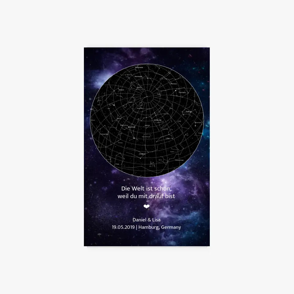 Sternenkarte Acrylschild mit Holzstandfuß - Die Welt ist schön, weil du mit drauf bist