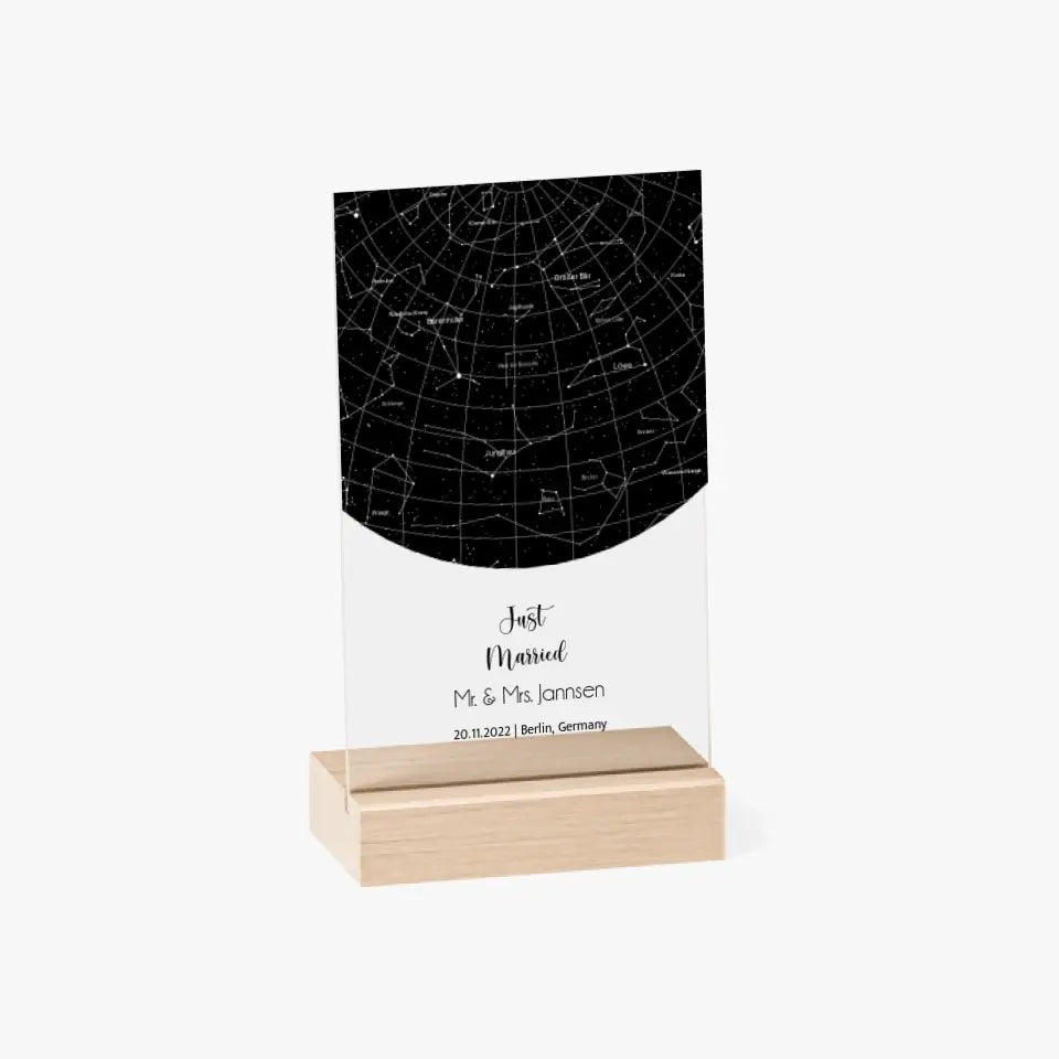 Sternenkarte Acrylschild mit Holzstandfuß - Just Married