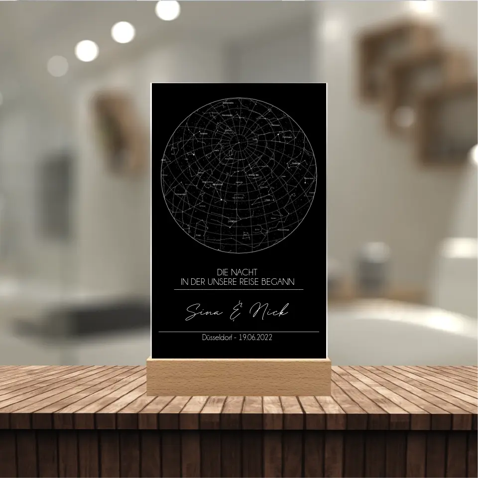 Sternenkarte Acrylschild mit Holzstandfuß - Die Nacht in der unsere Reise begann