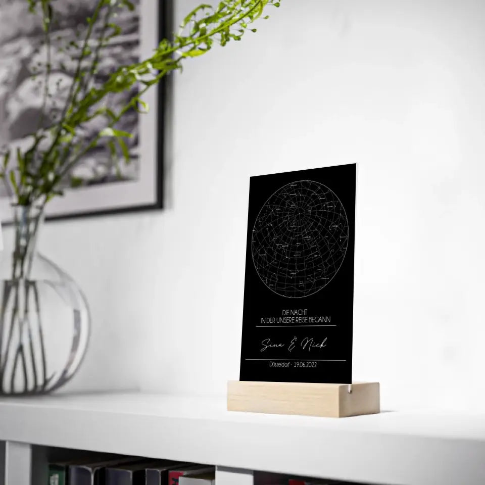 Sternenkarte Acrylschild mit Holzstandfuß - Die Nacht in der unsere Reise begann