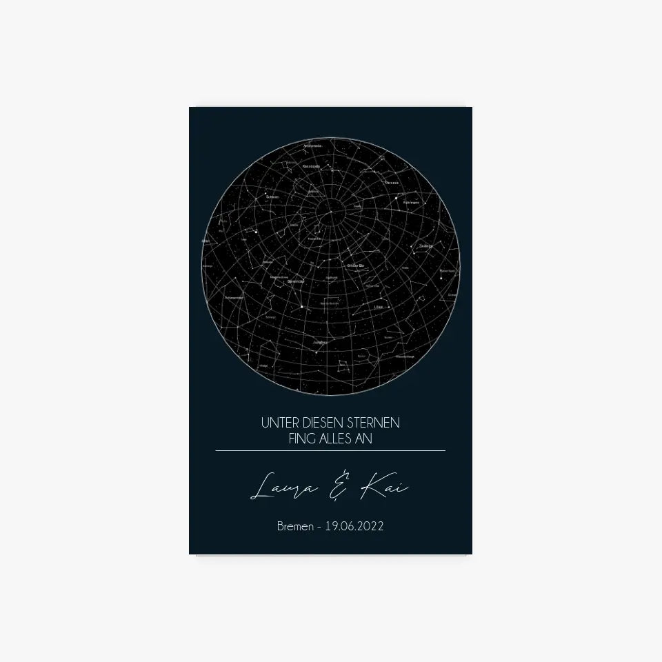 Sternenkarte Acrylschild mit Holzstandfuß - Unter diesen Sternen fing alles an