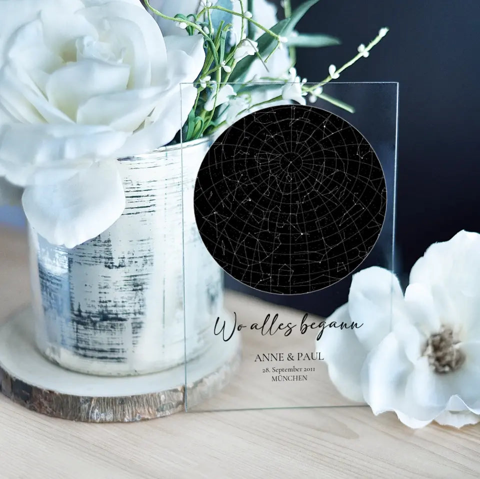 Sternenkarte - Wo alles begann - Acrylschild mit Holzstandfuß
