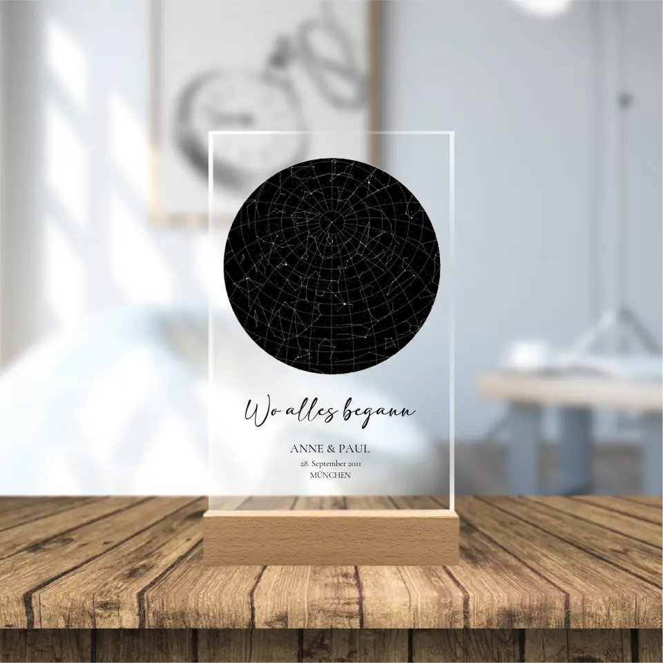 Sternenkarte - Wo alles begann - Acrylschild mit Holzstandfuß