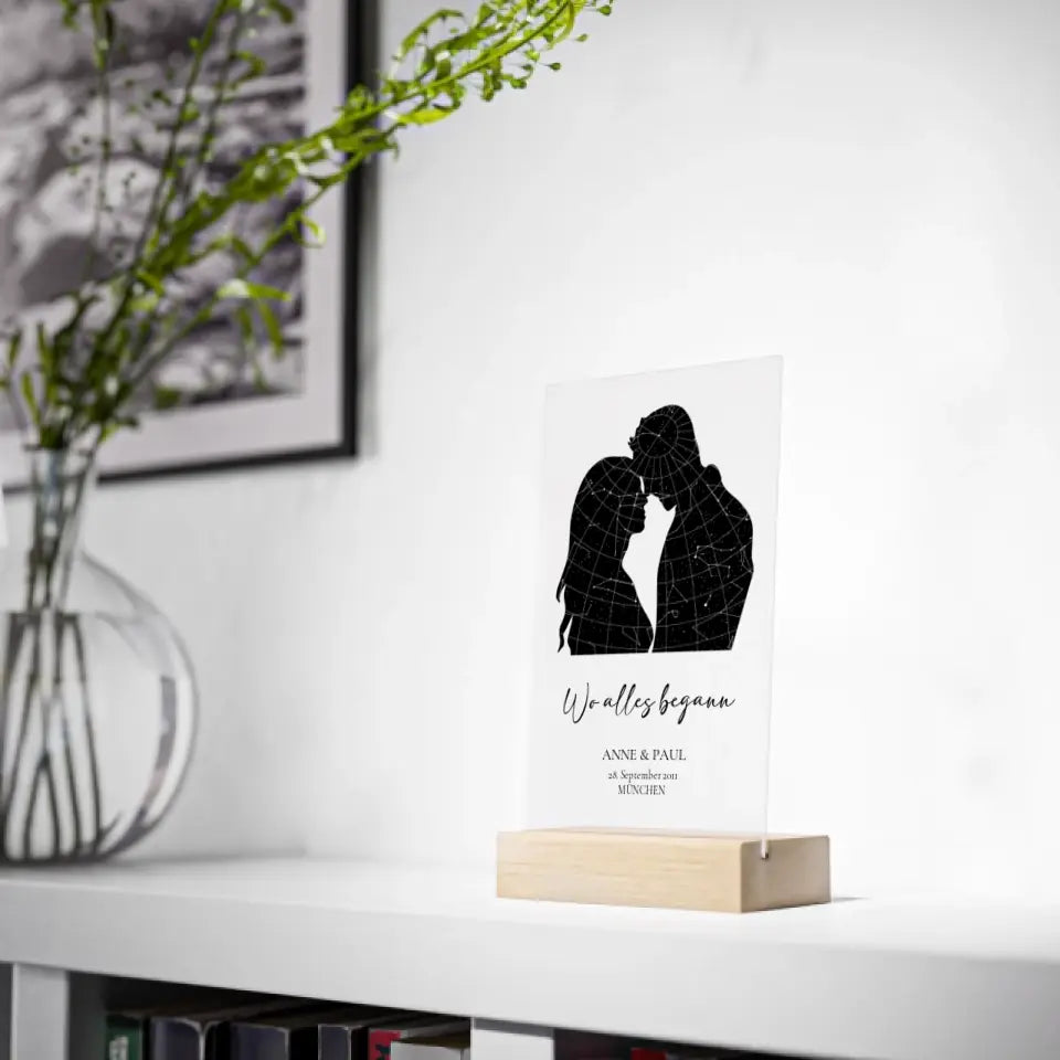 Sternenkarte - Wo alles begann - Acrylschild mit Holzstandfuß