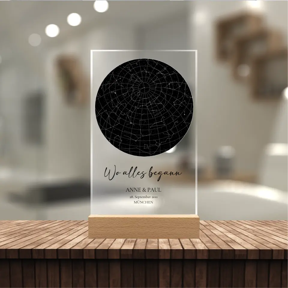 Sternenkarte - Wo alles begann - Acrylschild mit Holzstandfuß