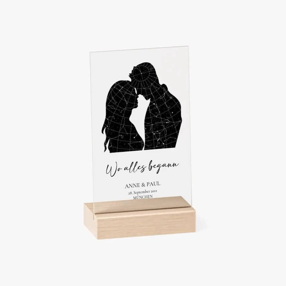 Sternenkarte - Wo alles begann - Acrylschild mit Holzstandfuß