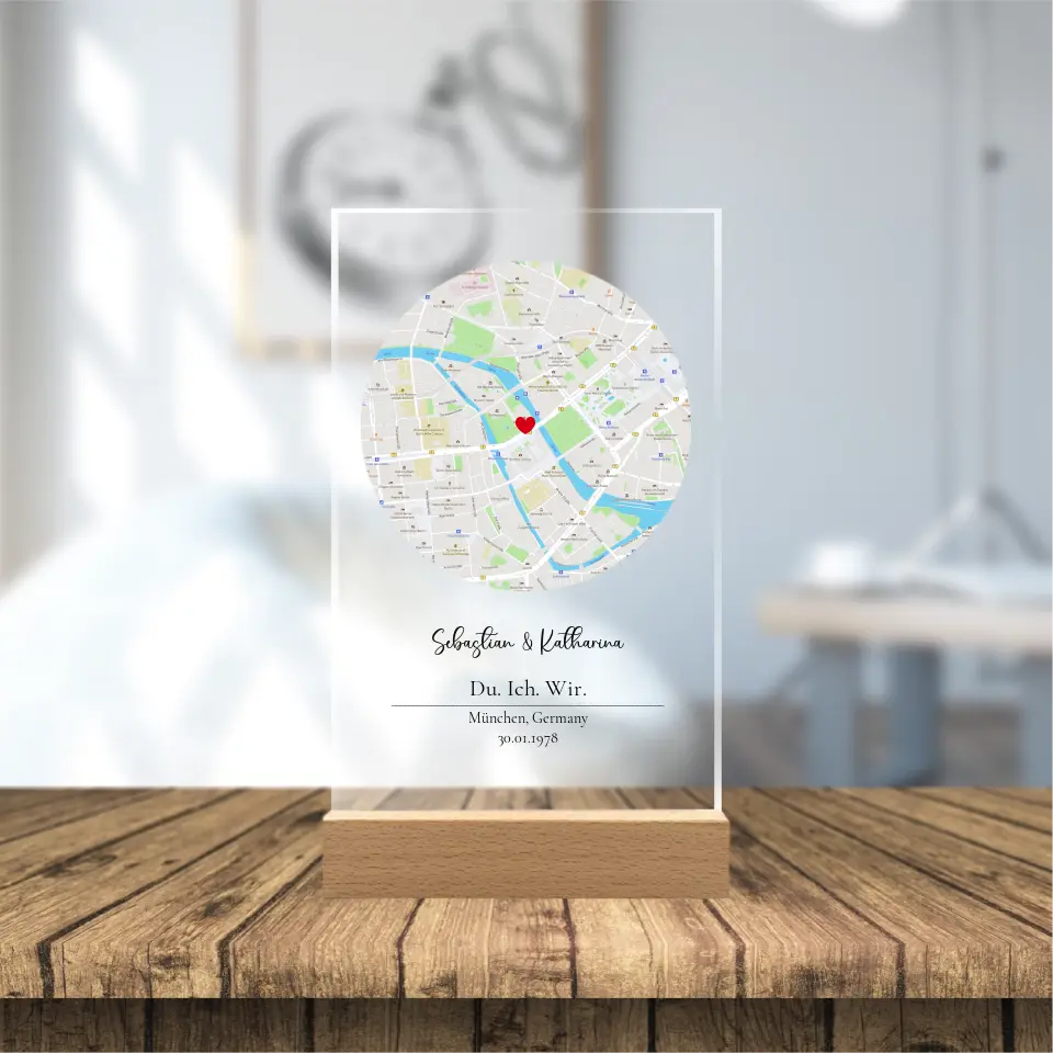 Stadtkarte - Du. Ich. Wir. - Acrylschild mit Holzstandfuß