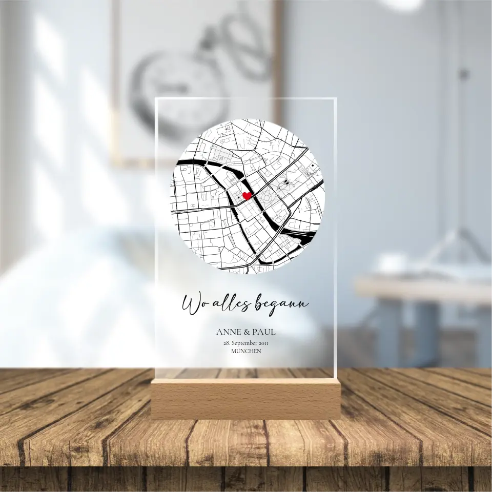 Stadtkarte - Wo alles begann - Acrylschild mit Holzstandfuß