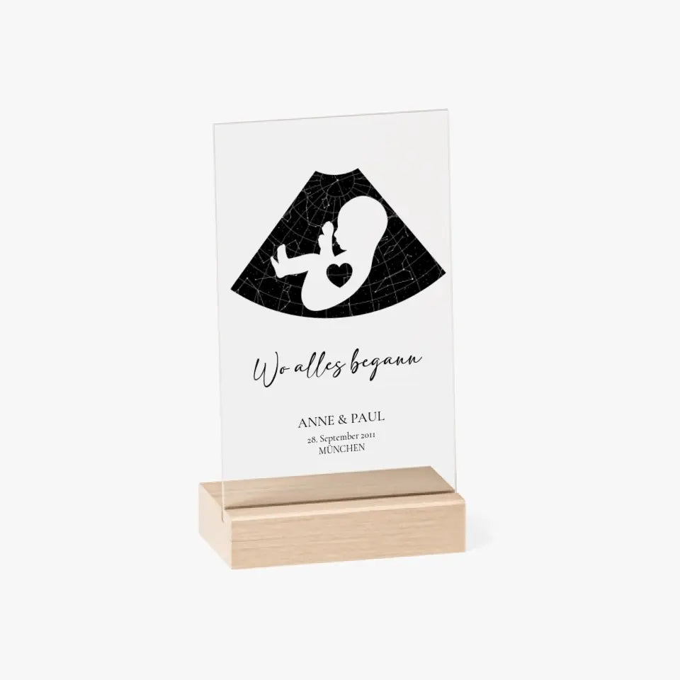 Sternenkarte - Wo alles begann - Acrylschild mit Holzstandfuß