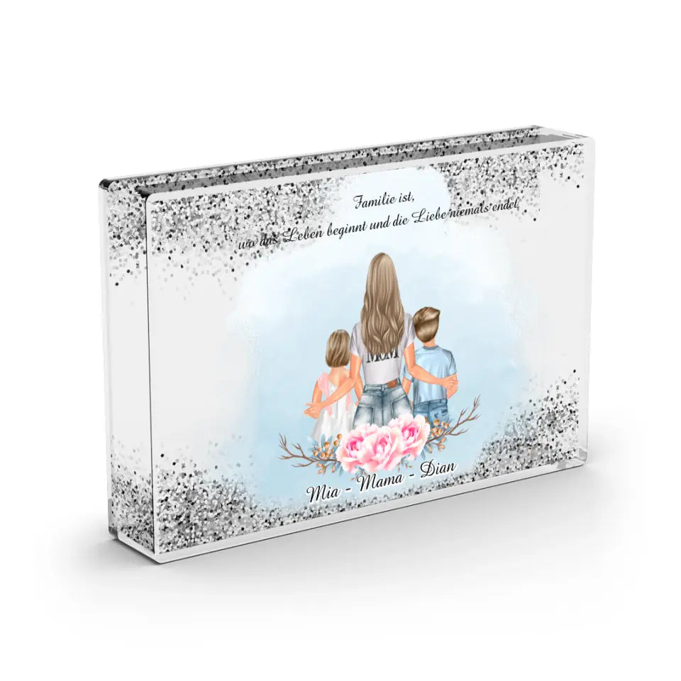 Mama & 2 Kinder - Schneekugel Silber Glitzer