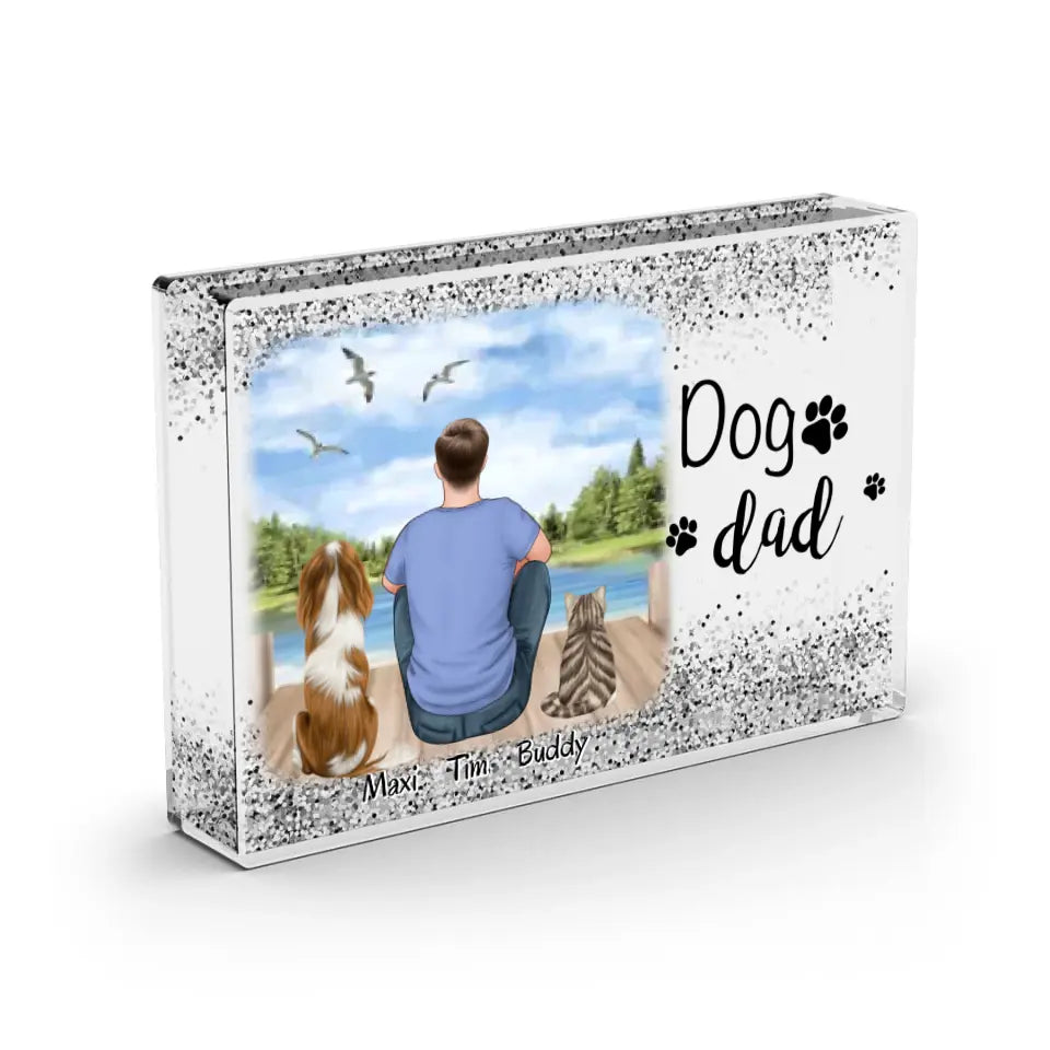 Mann/Frau mit 2 Haustieren (Hund/Katze) - Schneekugel Silber Glitzer
