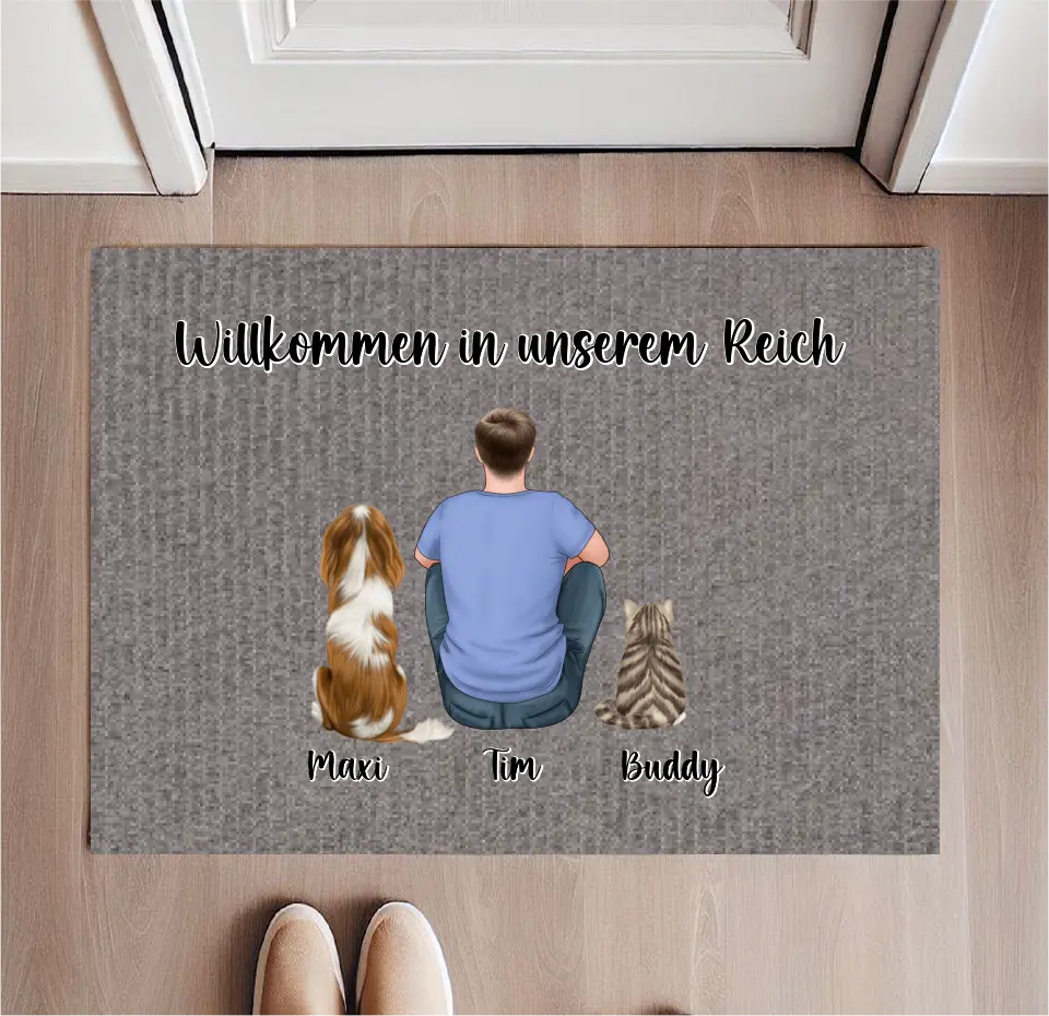 Personalisierte Fußmatte Mann mit 2 Haustieren
