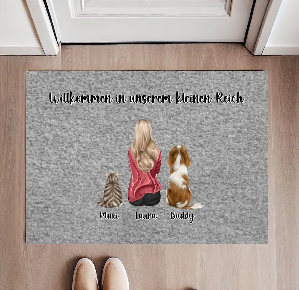 Personalisierte Fußmatte Frau mit 2 Haustieren