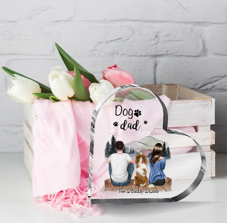 Frauchen & Herrchen mit Haustier (Hund/Katze) Herz Glasaufsteller