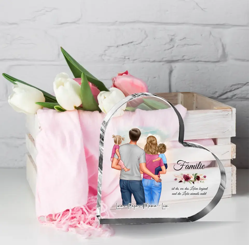 Mama, Papa & 1 oder 2 Babys Herz Glasaufsteller