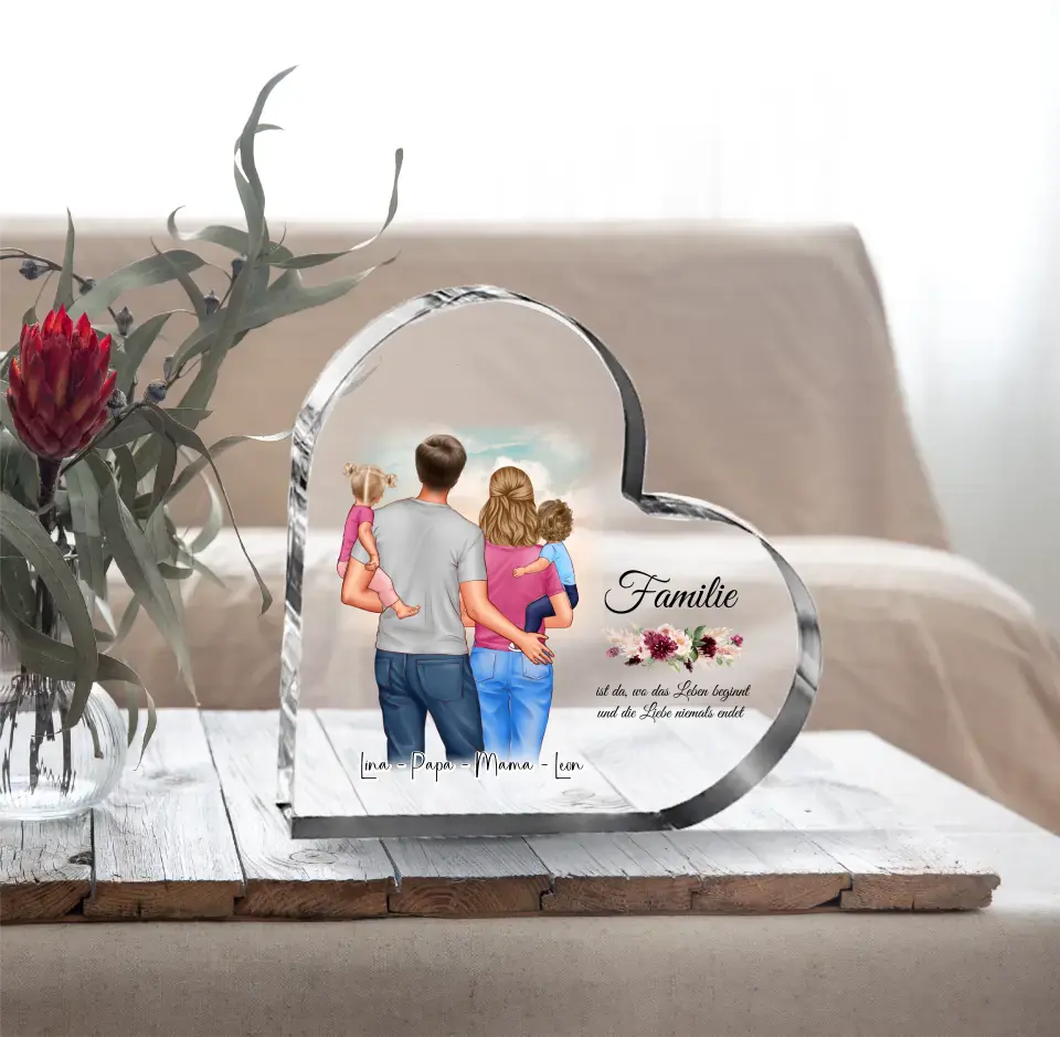 Mama, Papa & 1 oder 2 Babys Herz Glasaufsteller