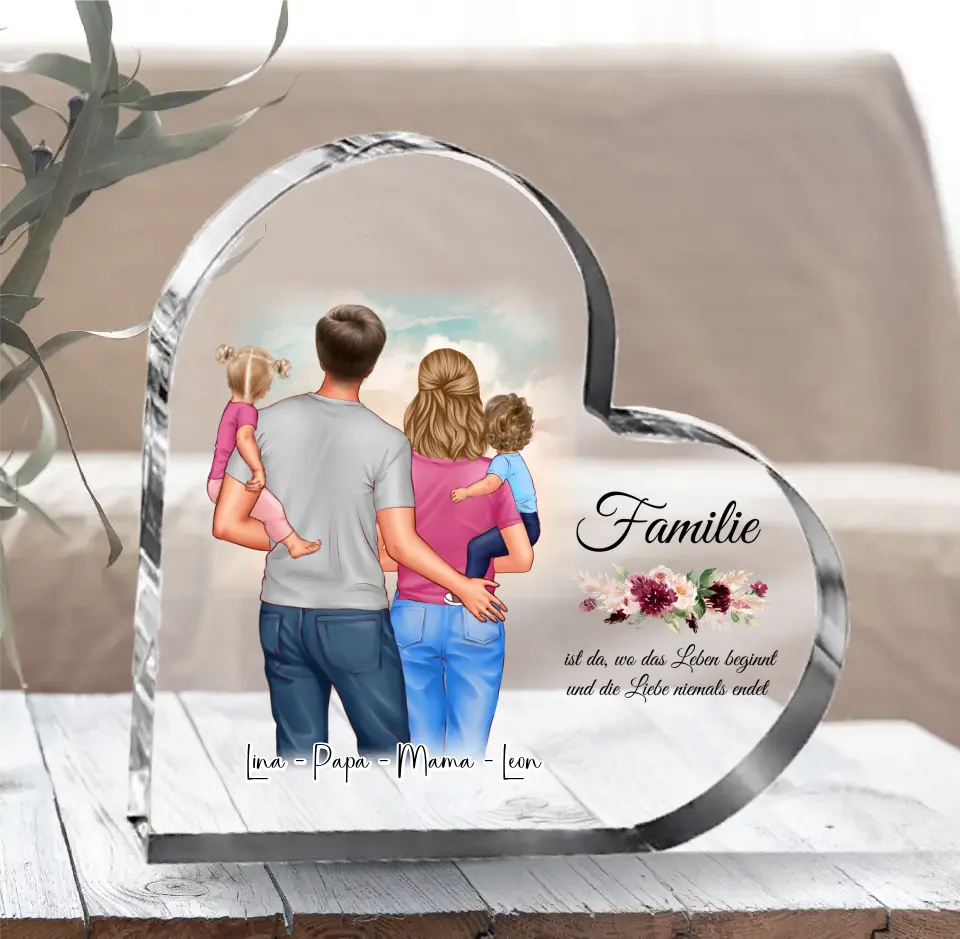 Mama, Papa & 1 oder 2 Babys Herz Glasaufsteller