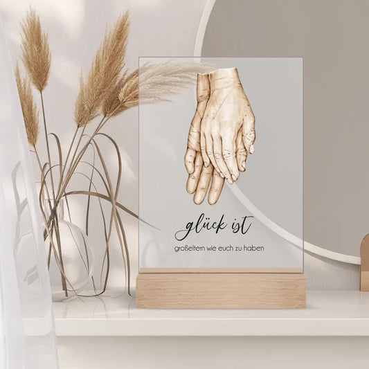 Großeltern/Eltern Hände - Acrylschild mit Holzstandbein
