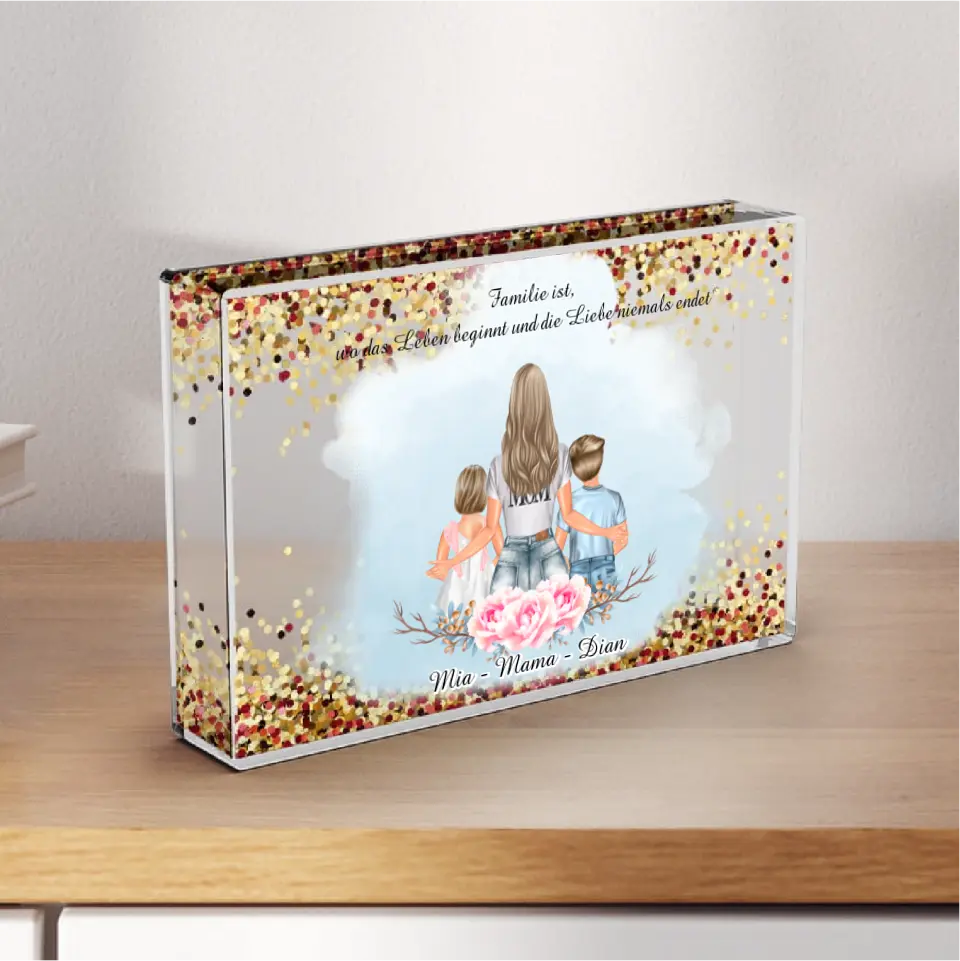 Mama & 2 Kinder - Schneekugel GoldRose Pailletten