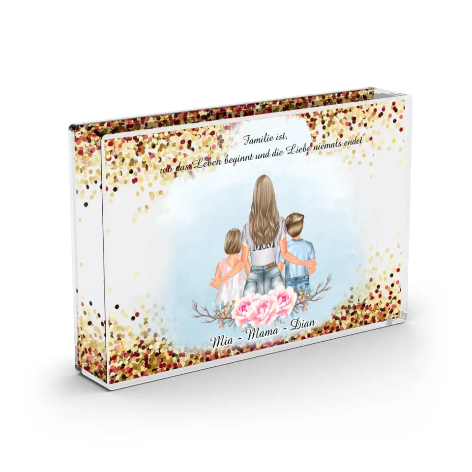 Mama & 2 Kinder - Schneekugel GoldRose Pailletten