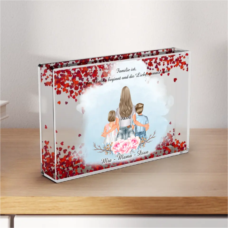 Mama & 2 Kinder - Schneekugel Herz Pailletten