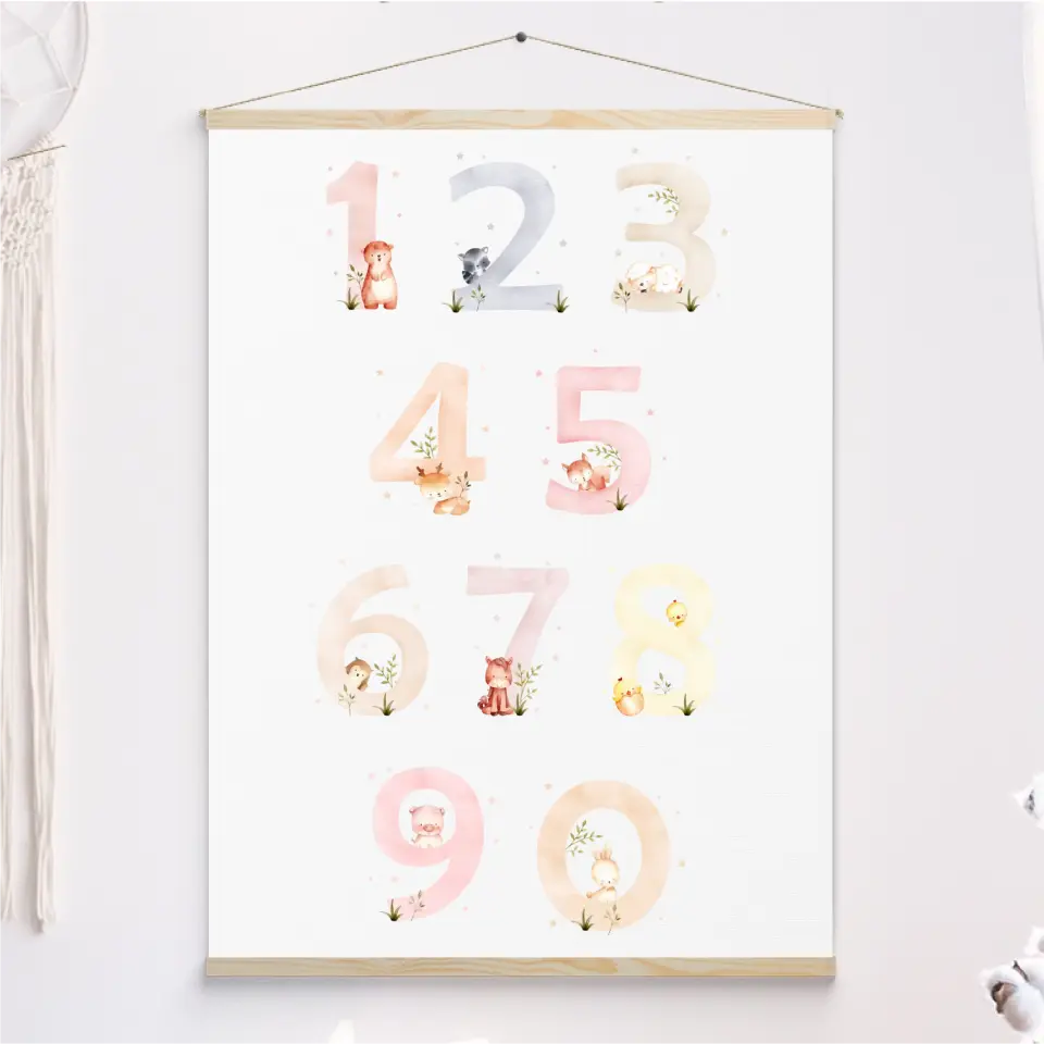 Zahlen, Lernspaß für Kinder - Leinwand mit Holzleiste