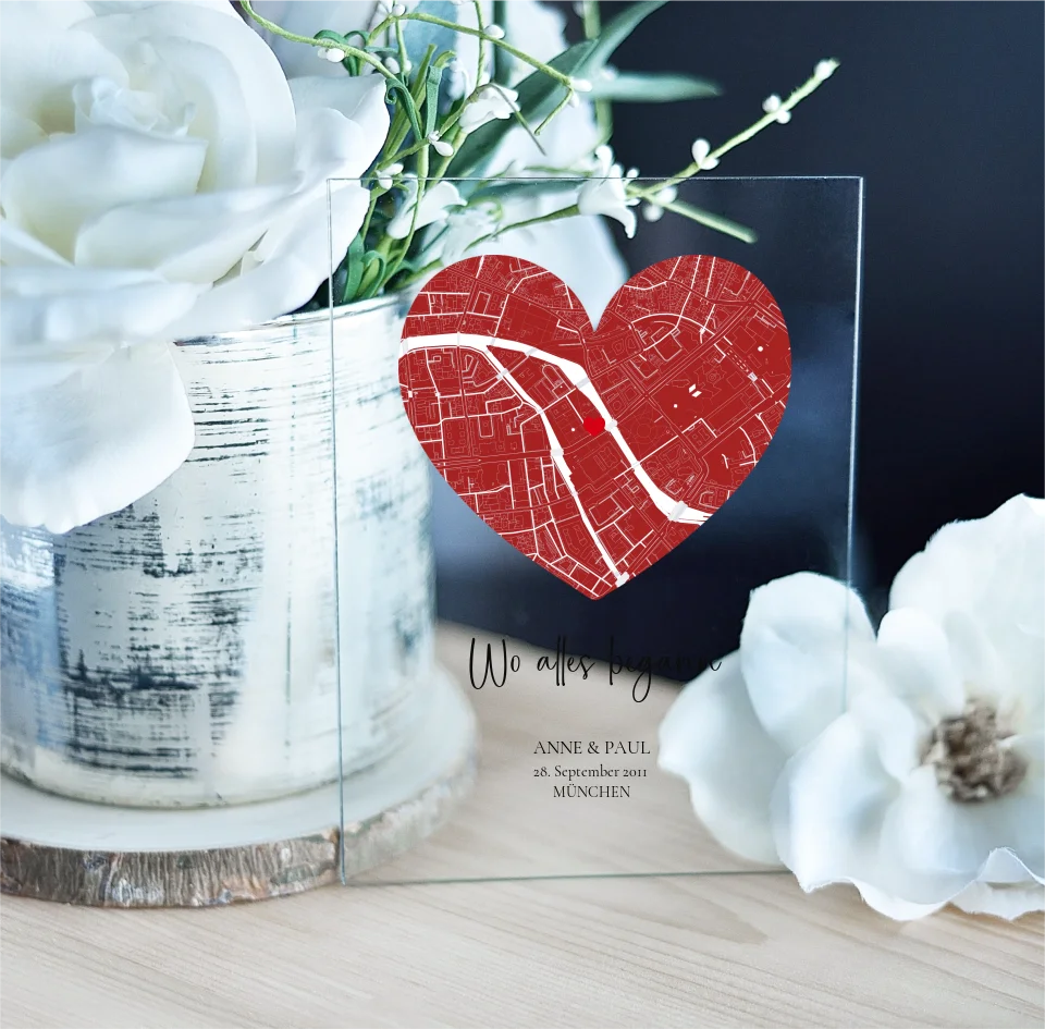 Stadtkarte - Herz - Acrylschild mit Holzstandfuß