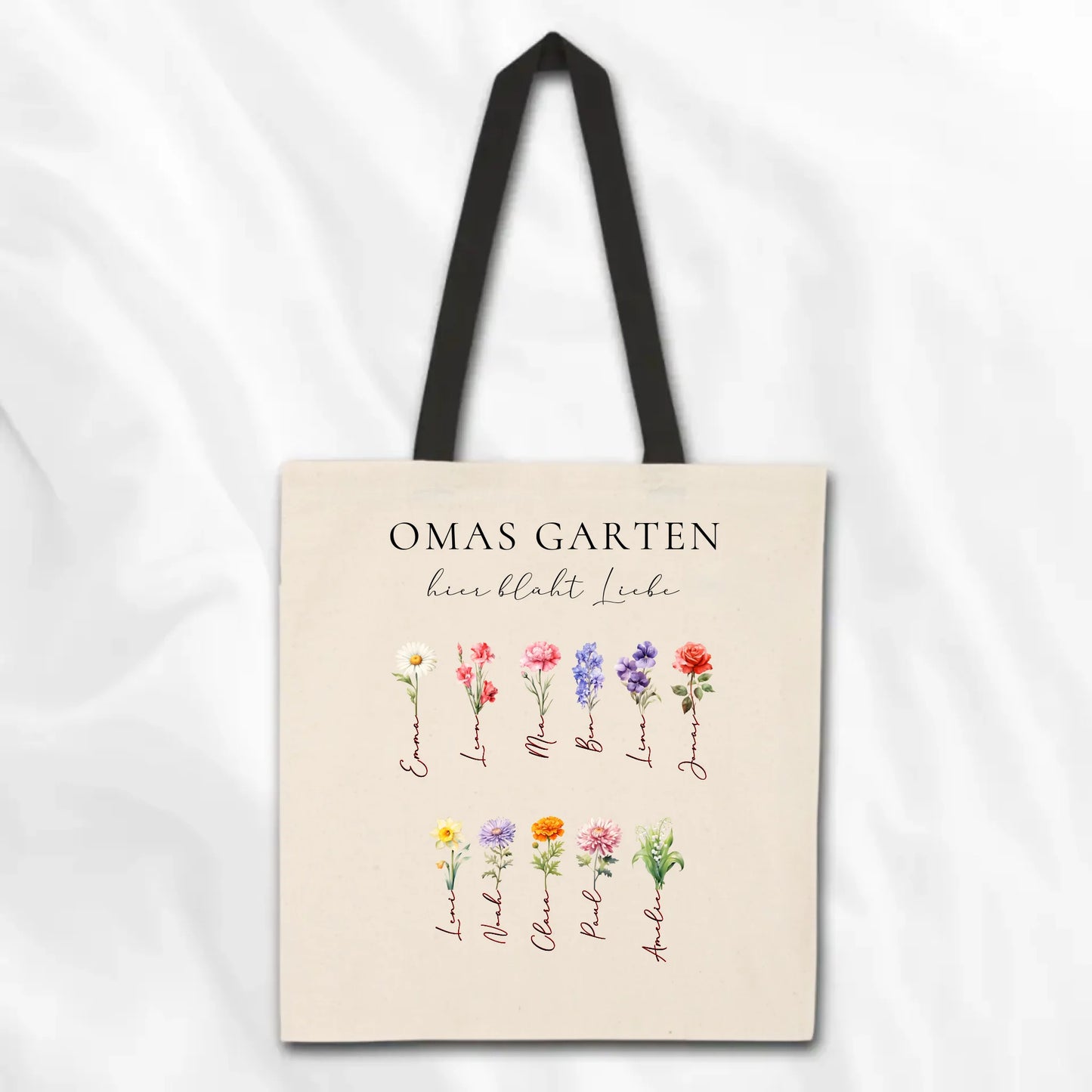 Omas Garten 1-11 Namen mit Geburtsblume - Jutetasche