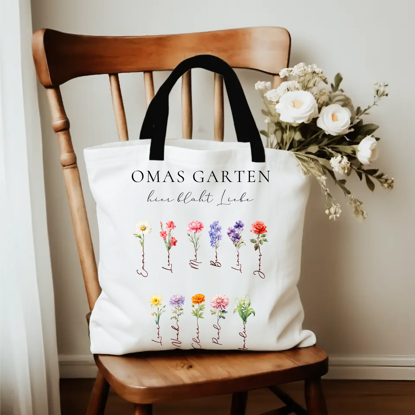 Omas Garten 1-11 Namen mit Geburtsblume - Jutetasche