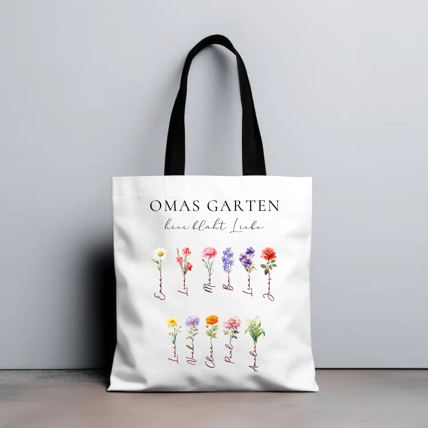 Omas Garten 1-11 Namen mit Geburtsblume - Jutetasche