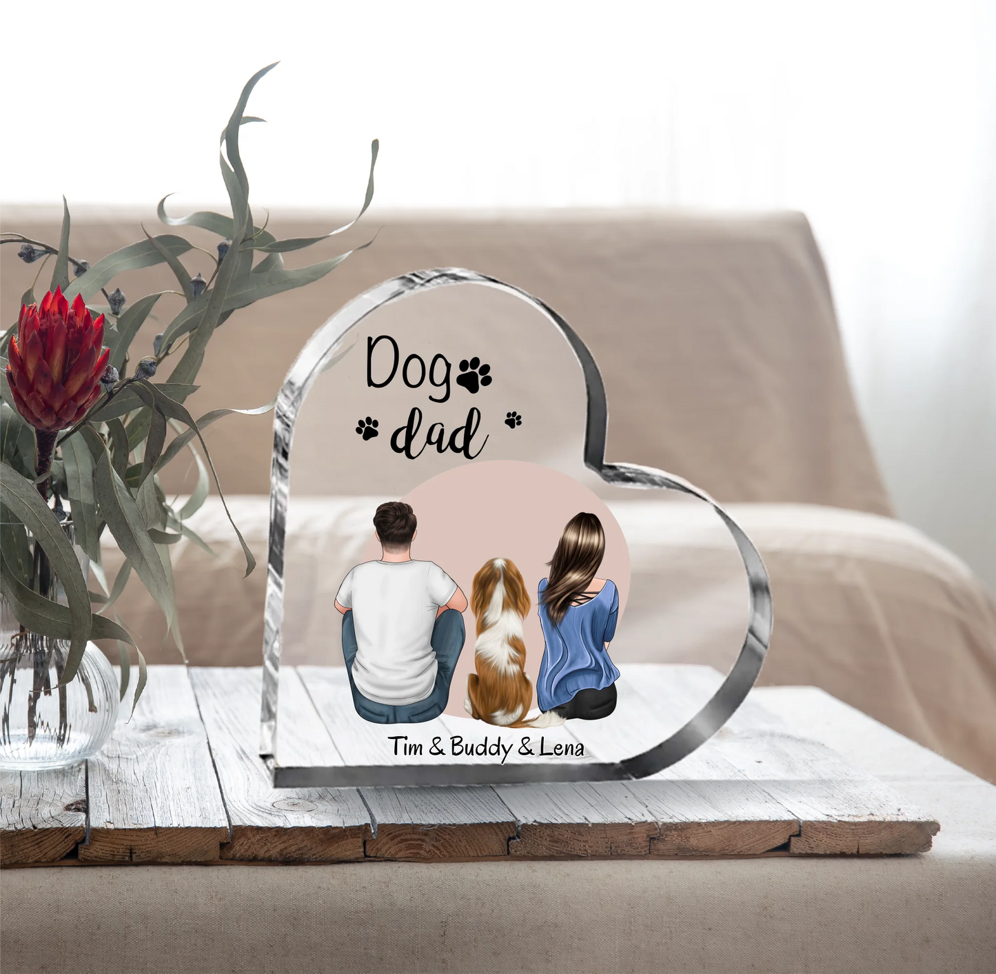 Frauchen & Herrchen mit Haustier (Hund/Katze) Herz Glasaufsteller