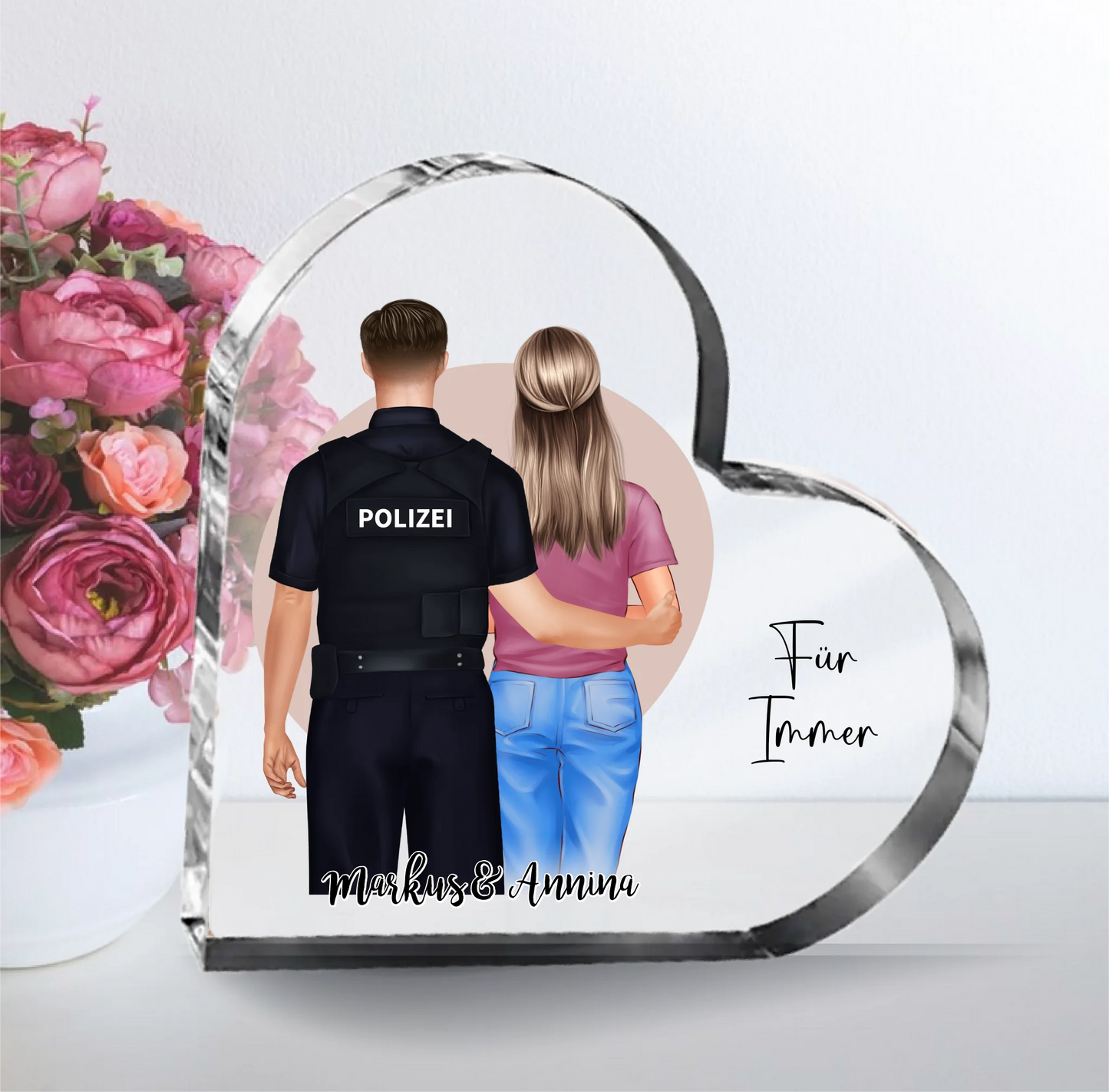 Polizist & Frau (+1-2 Kinder) Herz Glasaufsteller