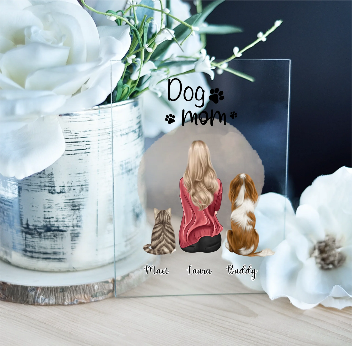 Frau/Mann mit 2 Haustieren (Hund/Katze) Acrylschild