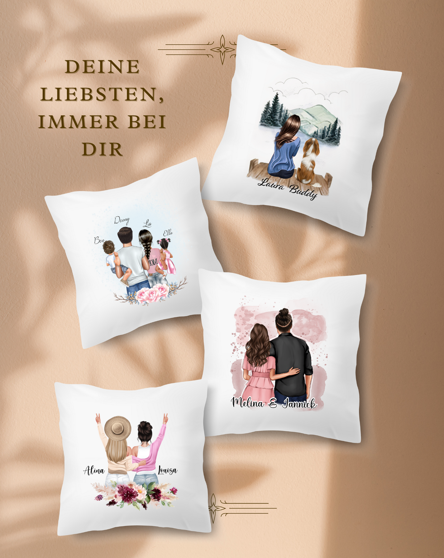 Kuschelige personalisierte Kissen mit Figuren von hinten – perfekte Geschenkidee für Freundinnen, Familie, Haustierfreunde, Berufe oder zum Abschluss