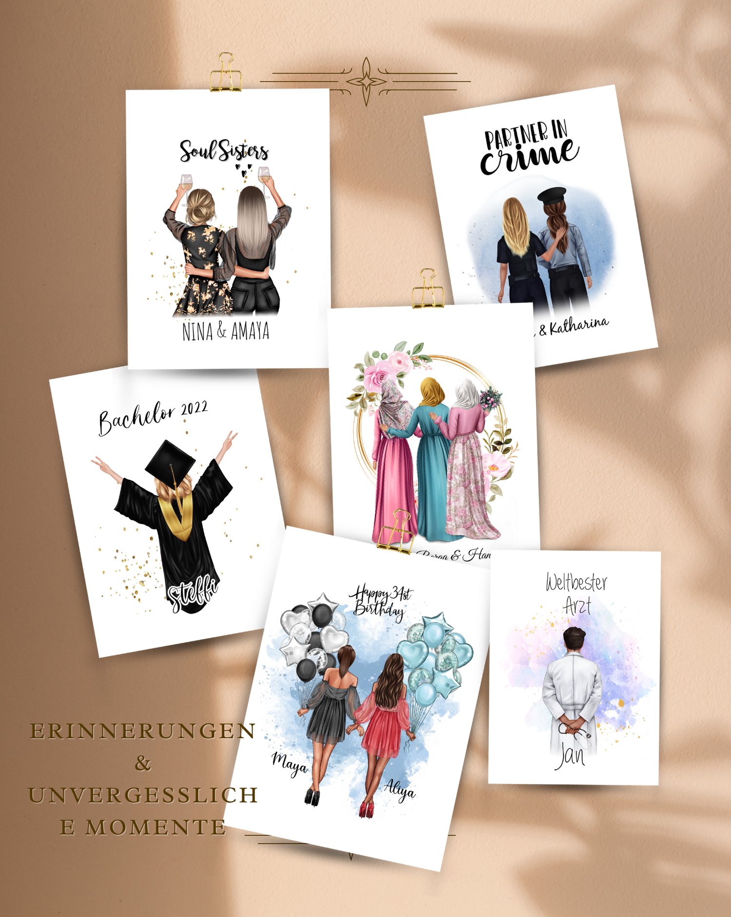 Individuelle Poster mit Figuren von hinten – personalisierte Motive für Freundinnen, Familie, Haustiere, Berufe oder den Abschluss als besonderes Geschenk