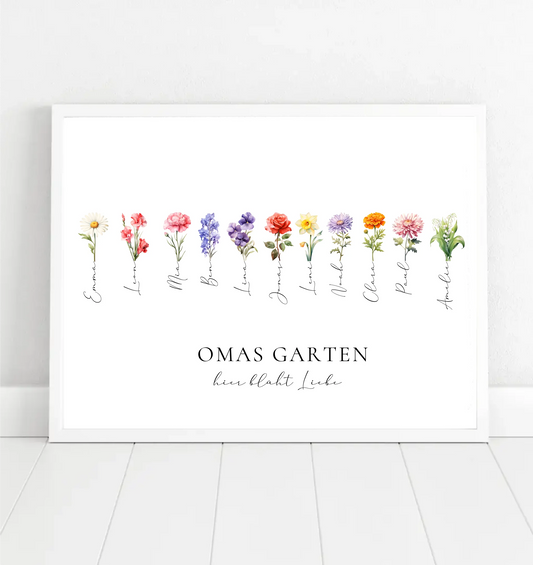 Poster - Omas Garten 1-11 Namen mit Geburtsblume