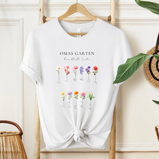 Omas Garten 1-11 Namen mit Geburtsblume T-Shirt