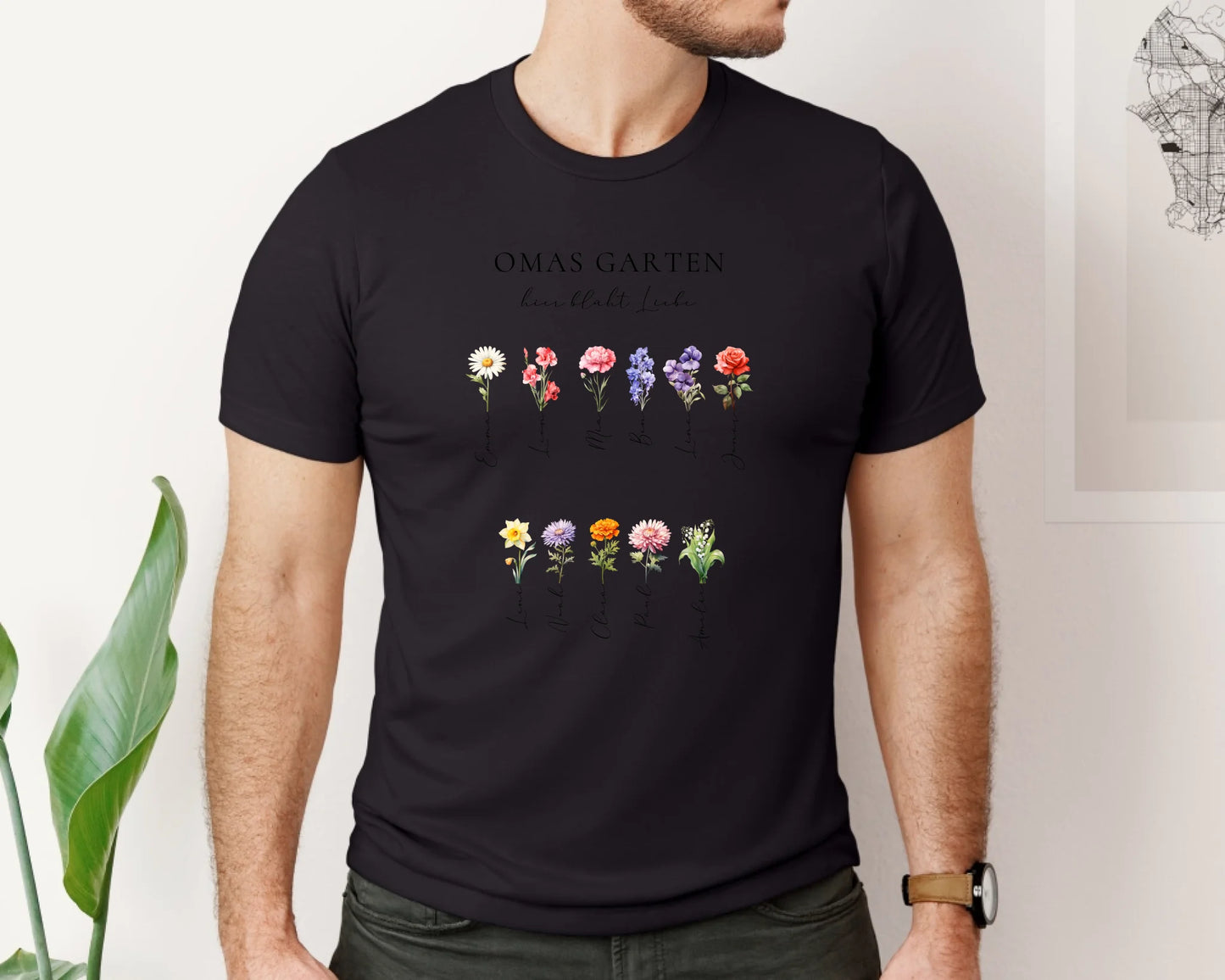Omas Garten 1-11 Namen mit Geburtsblume T-Shirt