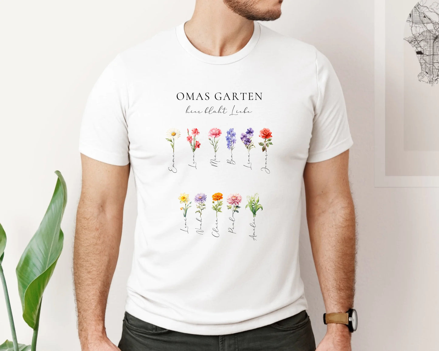 Omas Garten 1-11 Namen mit Geburtsblume T-Shirt