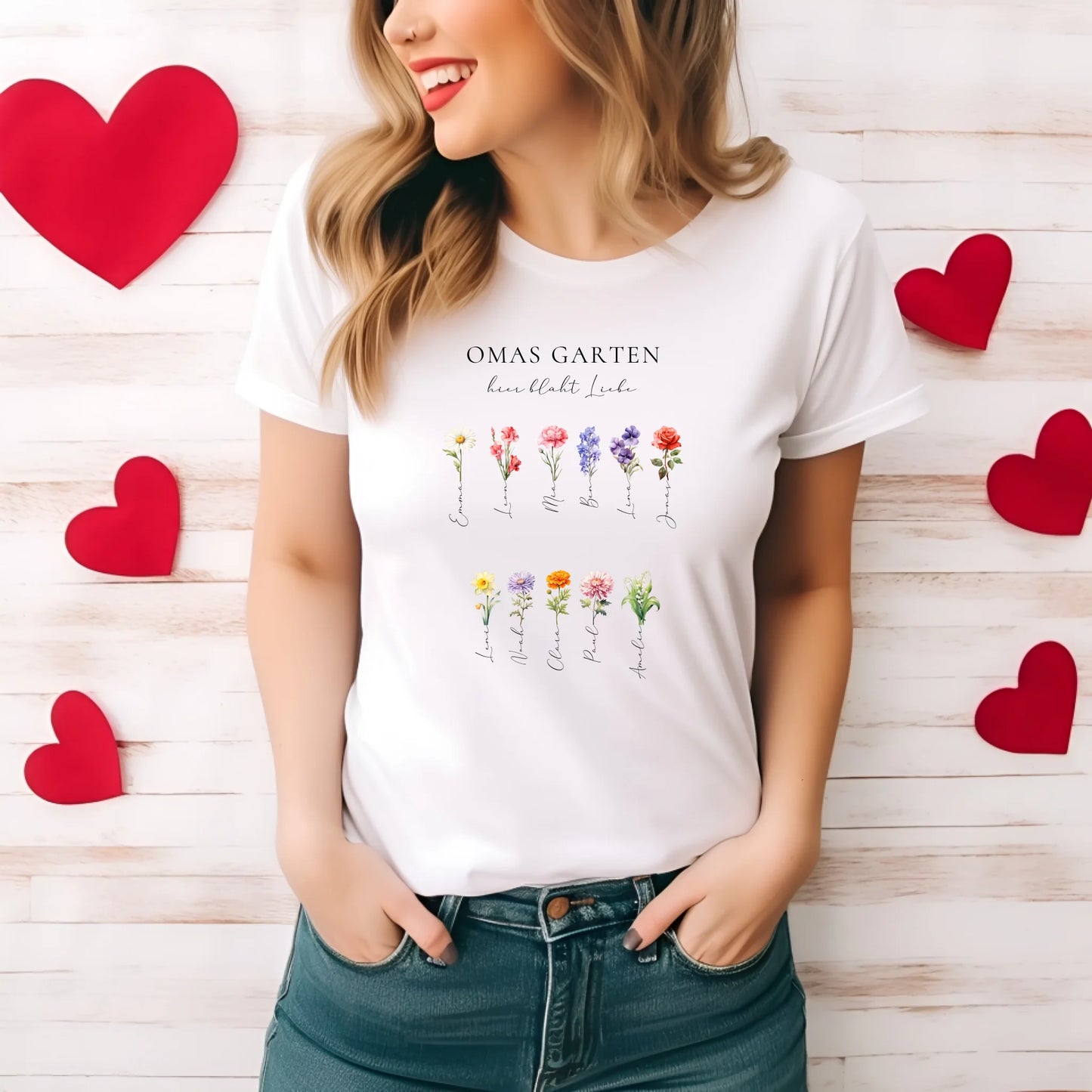 Omas Garten 1-11 Namen mit Geburtsblume T-Shirt